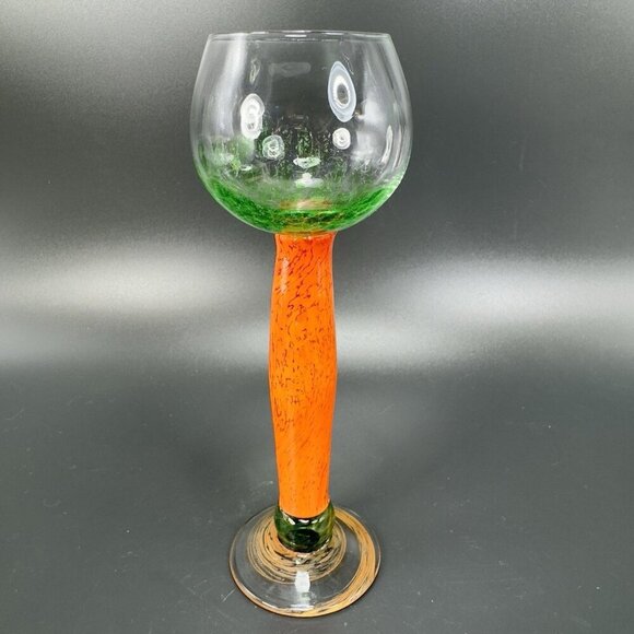Vintage Bohemia Art Glass Cup Goblet Stem BarWare Multicolor Orange Green Stem - Picture 1 of 10